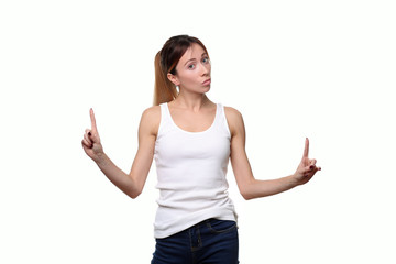 Girl showing two fingers. Close up. White background