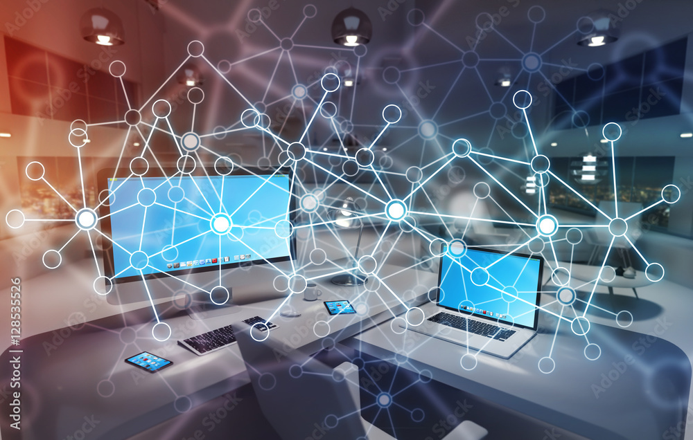 Poster Workplace with modern devices and hologram screens 3D rendering