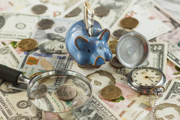 Different collector's coins and banknotes