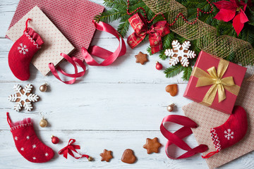 Christmas background, preparation of gift wrapping, package, box, branches of fir and decorations