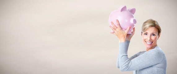 Woman with piggy bank.