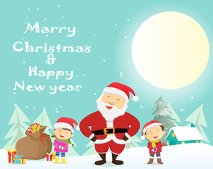 Merry Christmas And Happy New Year. Winter fun. happy children with santa and gift