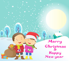 Fototapeta premium Merry Christmas And Happy New Year. Winter fun. happy children with christmas gift