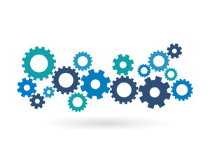 Gear mechanism concept. Abstract background with connected gears and icons for strategy. Vector infographic illustration