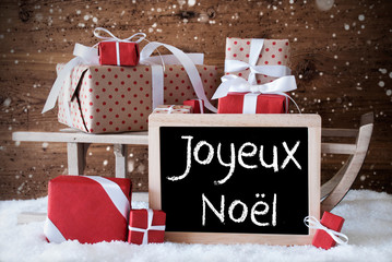 Sleigh With Gifts, Snow, Snowflakes, Joyeux Noel Means Merry Christmas