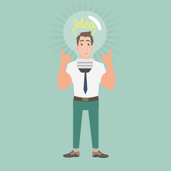Businessman with idea bulb on the head. Illustration of idea bulb in stylized human head. Vector flat design illustration