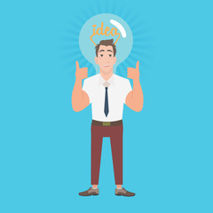 Businessman with ideas head lamp. Vector illustration of idea bulb in stylized human head. Vector flat design illustration