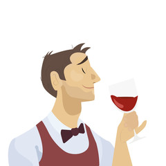 Sommelier is considering a glass of red wine. Man character with wine. Flat design.