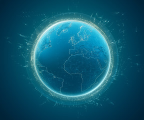 3d illustration of detailed virtual planet Earth with glow and orange bright elements. Technological digital globe world. 3d rendering
