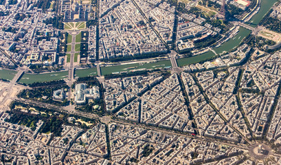 Aerial image of Paris, France, with triumphal arch