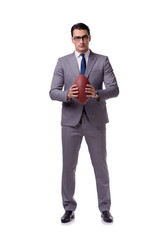 Businessman with american football isolated on white
