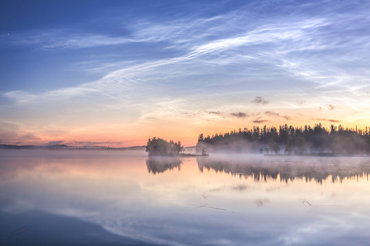 Lake and fog at sunset, Lapland, Finland, Scandinavia, Europe 