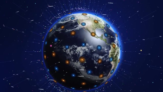 Digital shiny earth orbiting slowly. Global network concept.