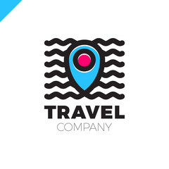 Wave Travel Pin logo. Location on map vector logo. Travel icon. Trip logo. Map location icon. Holiday logo.