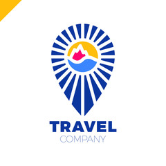 Line travel pin logo. Sun, sea, mountain logotype