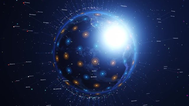 Digital shiny world orbiting slowly. Global network concept.