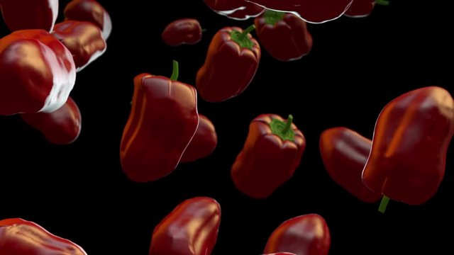 Red bell peppers falling in slow motion. Alpha channel.