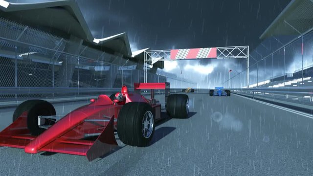 Racing formula one sport cars on a rainy day