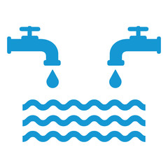 Opened blue water faucets with drop and water waves. Flat icon. Cold water. Vector illustration.