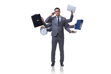 Young businessman in multitasking concept