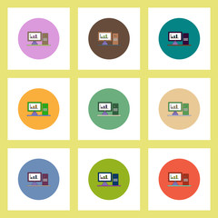 flat icons set of column chart on computer monitor concept on colorful circles