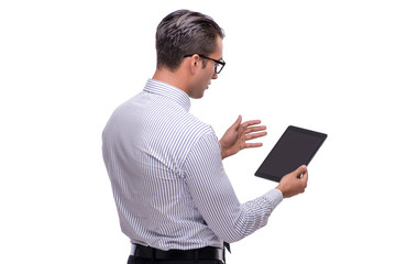 Handsome businessman working with tablet computer isolated on wh