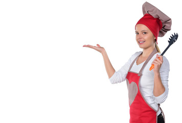 young attractive home cook woman in red apron and hat posing isolated on white background in chef and successful cooking