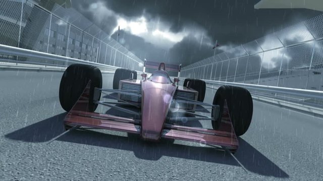 Winning formula one racing car 3d animation on a rainy day