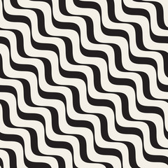 Vector Seamless Black and White Diagonal Wavy Lines Pattern