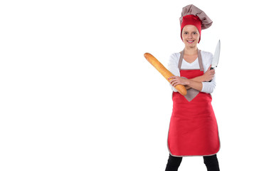 young attractive home cook woman in red apron and hat posing isolated on white background in chef and successful cooking