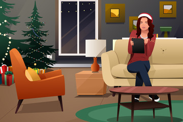Fototapeta premium Beautiful Woman Looking at Tablet PC for Christmas Shopping
