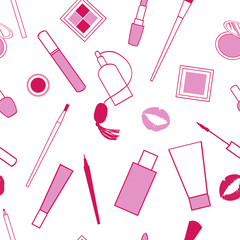 Beauty and care cosmetics red and pink white vector seamless pattern. March 8