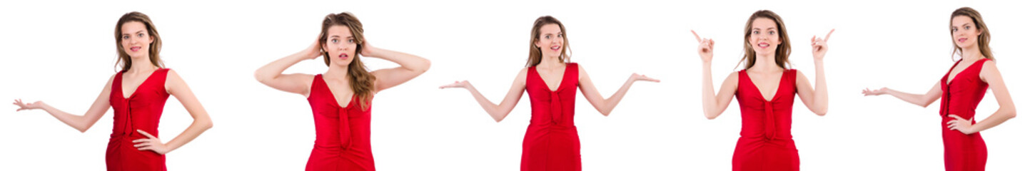 Young woman in red dress isolated on white