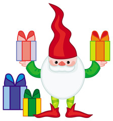 Funny gnome with boxes of presents. Cute character for Christmas decorations