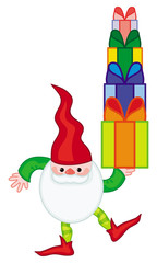 Funny gnome with boxes of presents. Cute character for Christmas decorations