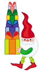 Funny gnome with boxes of presents. Cute character for Christmas decorations