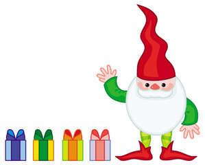 Funny gnome with boxes of presents. Cute character for Christmas decorations