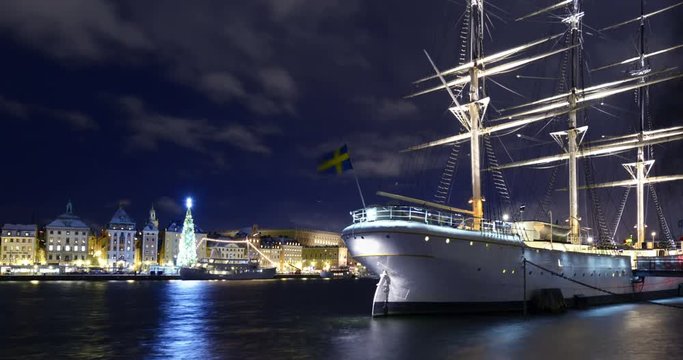 Stockholm city illuminated with christmas lights at nigh