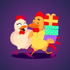 Naklejka premium Vector illustration. A smiling rooster and hen carying gift boxes in funny cartoon style