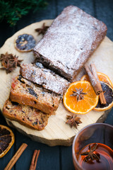 Christmas homemade pastry. Apple strudel (pie) with raisins, wal