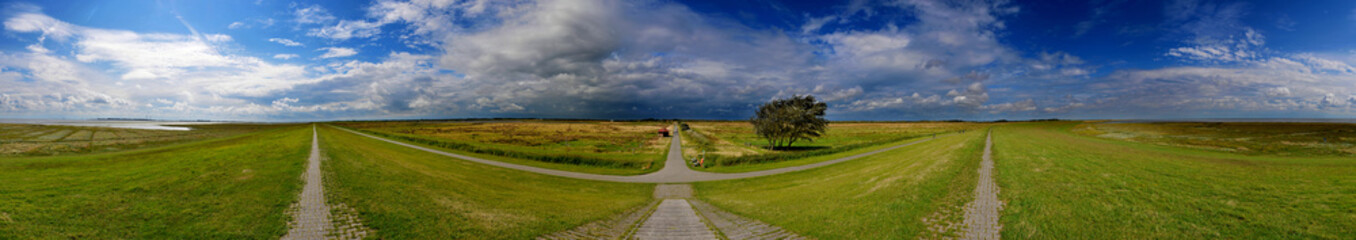 Fototapeta na wymiar 180° Panorama vom Ostlanddeich auf Borkum mit typischer Rückseitenbewölkung