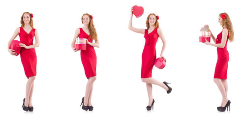 Red dress woman holding gift box isolated on white