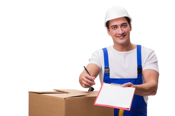 Man with boxes isolated on white