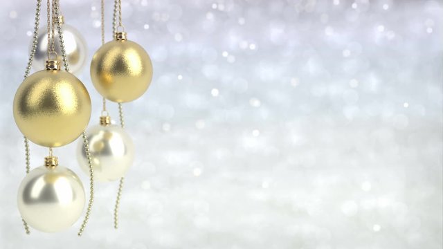 golden and silver christmas balls with bokeh background. Seamless loop. 3D render