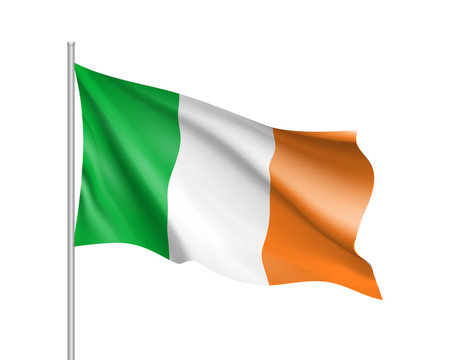 Waving flag of Ireland state. Illustration of European country flag on flagpole with red and white colors. Vector 3d icon isolated on white background