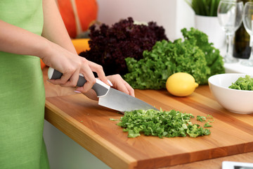 Closeup of woman hands cooking vegetables salad in kitchen. Healthy meal and vegetarian concept.