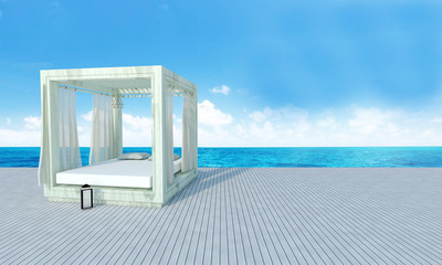 Obraz na płótnie Canvas Beach lounge with sundeck on sea view and blue sky background-3d