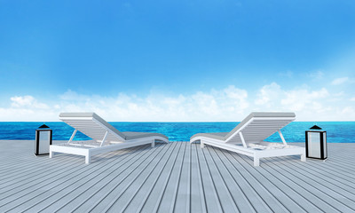 Beach lounge with sundeck on Sea view and blue sky background-3d
