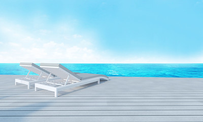 Beach lounge with sundeck on Sea view and blue sky background-3d