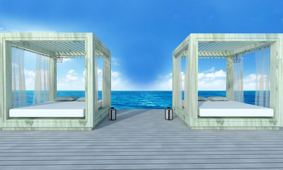 Fototapeta na wymiar Beach lounge with sundeck on sea view and blue sky background-3d